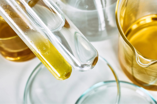 Laboratory glassware containing amber and clear hydrocarbon solvents for industrial chemical formulation